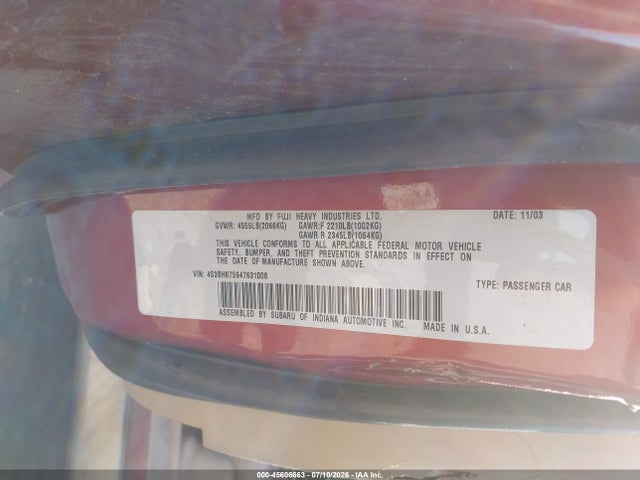 45606663 :رقم المزاد ، 4S3BH675947631008 vin ، 2004 Subaru Outback مزاد بيع