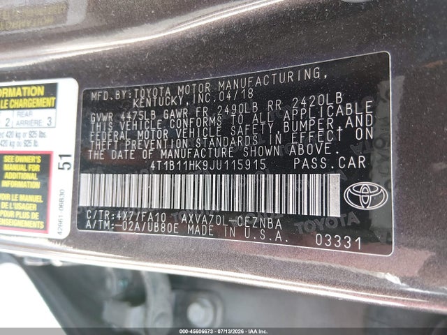 2018 Toyota Camry Le მანქანა იყიდება აუქციონზე, vin: 4T1B11HK9JU115915, აუქციონის ნომერი: 45606673