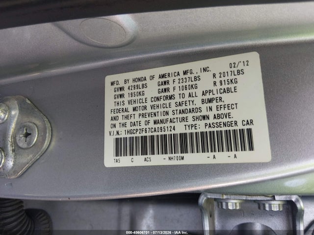 Продаж на аукціоні авто 2012 Honda Accord 2.4 Se, vin: 1HGCP2F67CA095124, номер лоту: 45606701