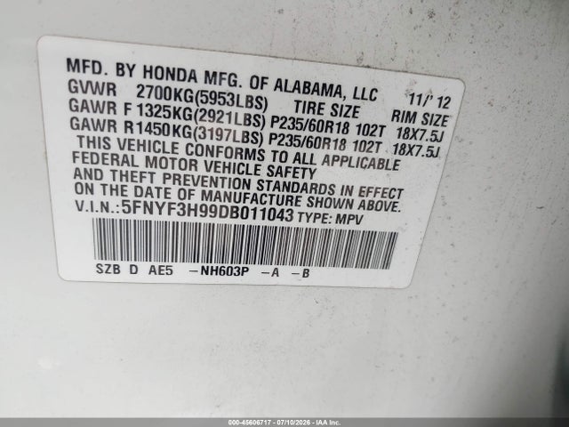 45606717 :رقم المزاد ، 5FNYF3H99DB011043 vin ، 2013 Honda Pilot Touring مزاد بيع