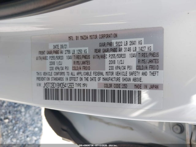 Aukcja sprzedaży 2021 Mazda Cx-9 Grand Touring, vin: JM3TCBDY8M0541293, numer aukcji: 45606736