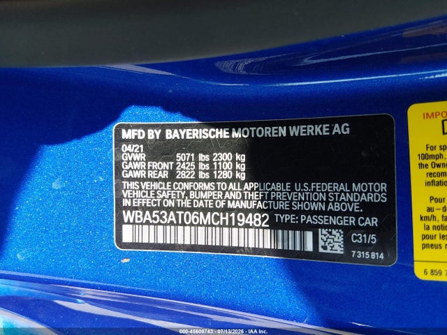 2021 Bmw M440i მანქანა იყიდება აუქციონზე, vin: WBA53AT06MCH19482, აუქციონის ნომერი: 45606743