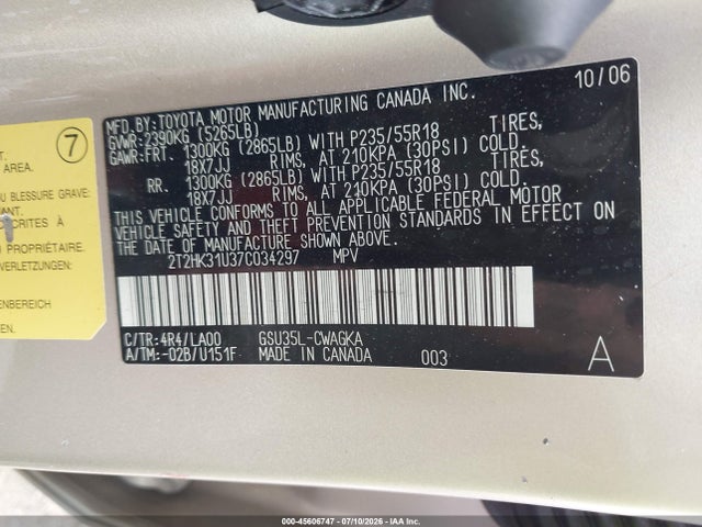 45606747 :رقم المزاد ، 2T2HK31U37C034297 vin ، 2007 Lexus Rx 350 مزاد بيع
