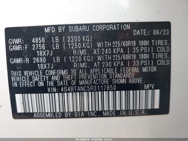 Aukcja sprzedaży 2024 Subaru Outback Limited, vin: 4S4BTANC5R3117850, numer aukcji: 45606749