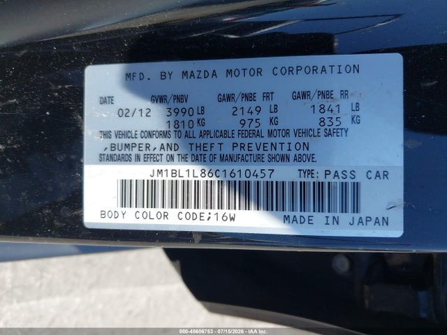 45606753 :رقم المزاد ، JM1BL1L86C1610457 vin ، 2012 Mazda Mazda3 I Touring مزاد بيع