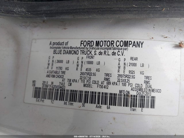 45606758 :رقم المزاد ، 3FRNF7FA2DV034423 vin ، 2013 Ford F-750 Xl/xlt مزاد بيع