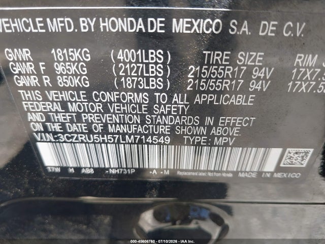 Auction sale of the 2020 Honda Hr-v 2wd Ex, vin: 3CZRU5H57LM714549, lot number: 45606760