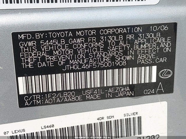 Aukcja sprzedaży 2007 Lexus Ls 460 L, vin: JTHGL46F575001908, numer aukcji: 45606770