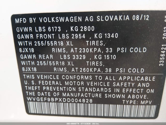 Продаж на аукціоні авто 2013 Volkswagen Touareg Vr6 Sport, vin: WVGEF9BPXDD004828, номер лоту: 45606779