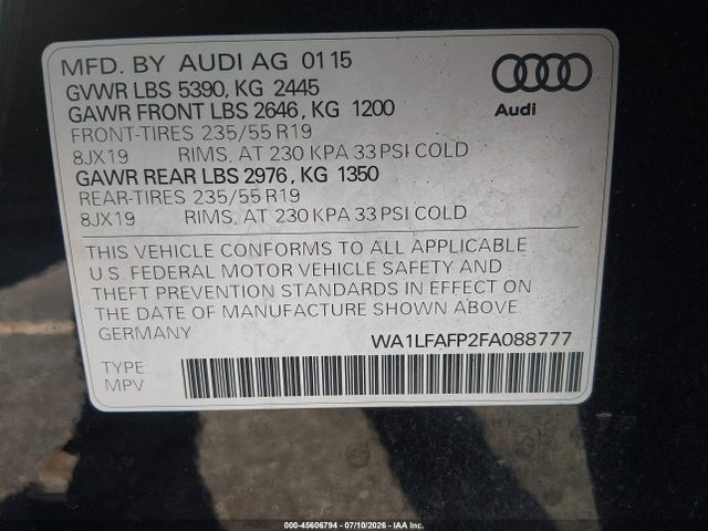 Продаж на аукціоні авто 2015 Audi Q5 2.0t Premium, vin: WA1LFAFP2FA088777, номер лоту: 45606794