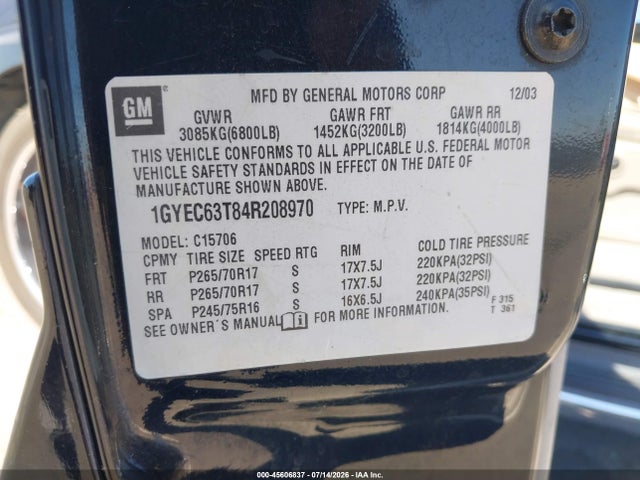 Продаж на аукціоні авто 2004 Cadillac Escalade Standard, vin: 1GYEC63T84R208970, номер лоту: 45606837