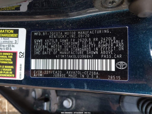 Aukcja sprzedaży 2020 Toyota Camry Se, vin: 4T1M11AK0LU396847, numer aukcji: 45606852