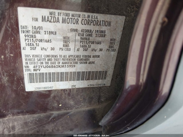 45606858 :رقم المزاد ، 4F2YU06B62KM15959 vin ، 2002 Mazda Tribute Dx مزاد بيع
