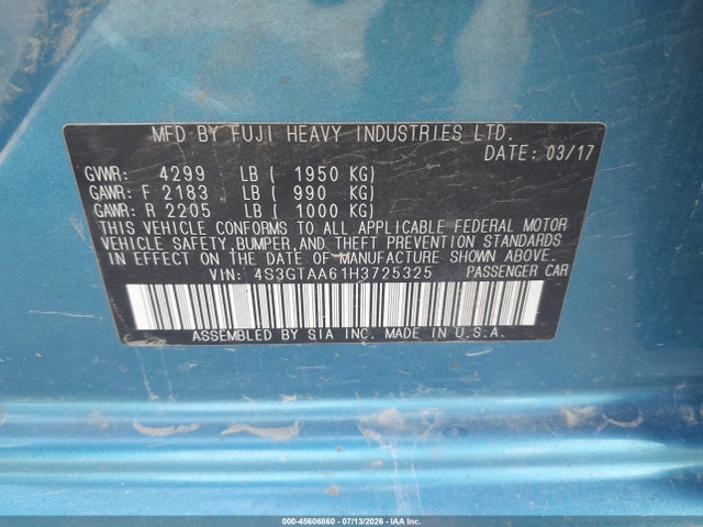 45606860 :رقم المزاد ، 4S3GTAA61H3725325 vin ، 2017 Subaru Impreza 2.0i مزاد بيع