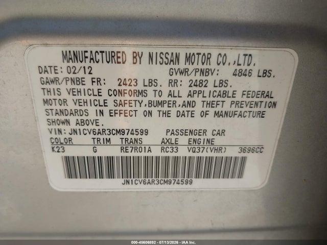 45606892 :رقم المزاد ، JN1CV6AR3CM974599 vin ، 2012 Infiniti G37x مزاد بيع
