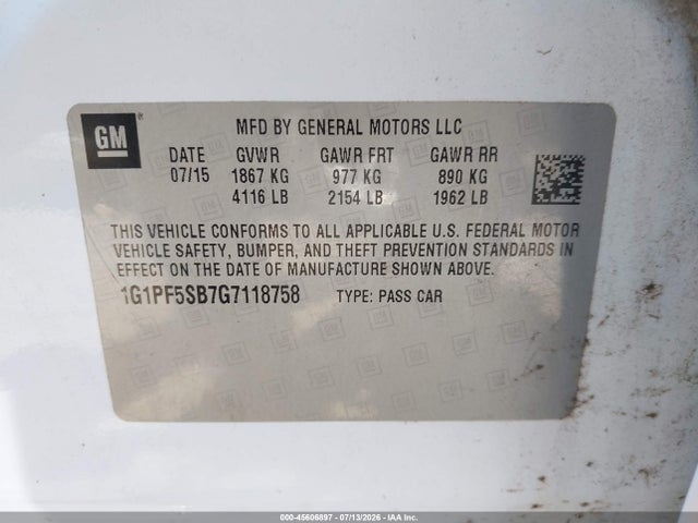 1G1PF5SB7G7118758 Chevrolet Cruze Limited 2lt Auto