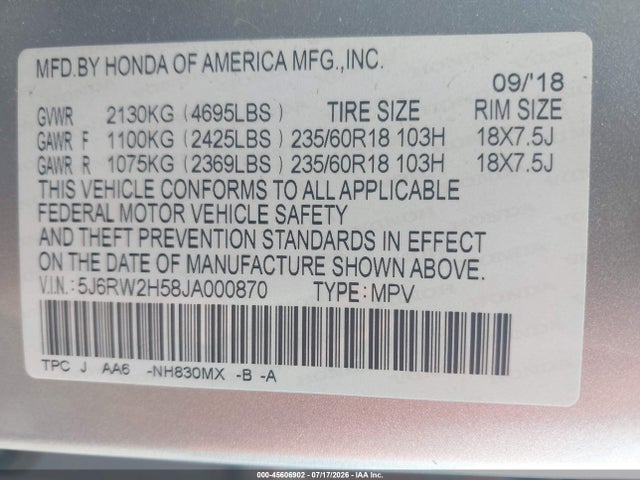 Honda CR-V EX 2018 5J6RW2H58JA000870 Image 9