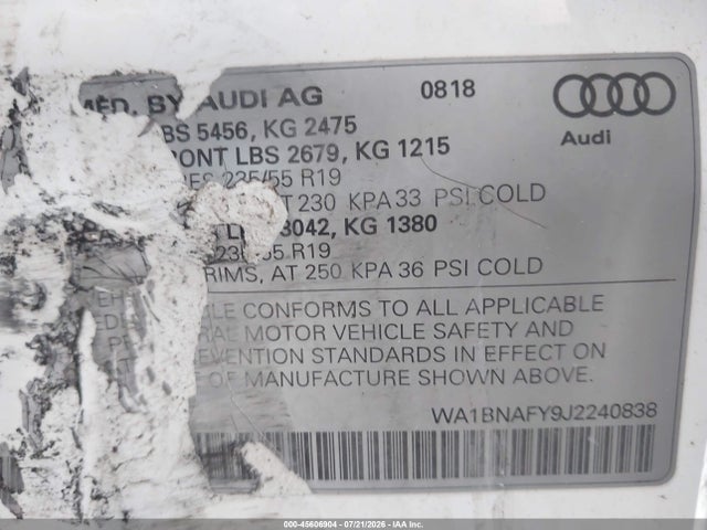 2018 Audi Q5 2.0t Premium/2.0t Tech Premium მანქანა იყიდება აუქციონზე, vin: WA1BNAFY9J2240838, აუქციონის ნომერი: 45606904