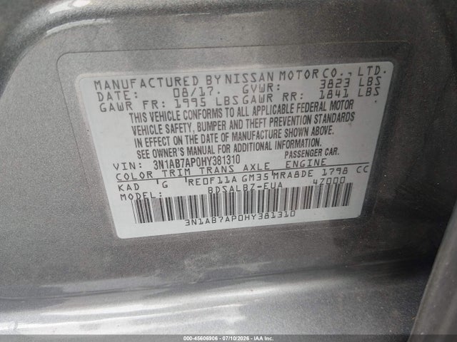 Aukcja sprzedaży 2017 Nissan Sentra S, vin: 3N1AB7AP0HY381310, numer aukcji: 45606906