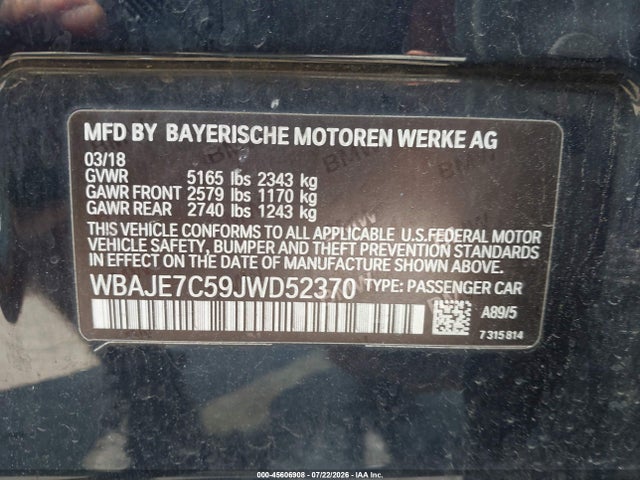 Aukcja sprzedaży 2018 Bmw 540i Xdrive, vin: WBAJE7C59JWD52370, numer aukcji: 45606908