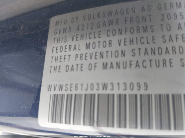 Продаж на аукціоні авто 2003 Volkswagen Jetta Gls 1.8t, vin: WVWSE61J03W313099, номер лоту: 45606920