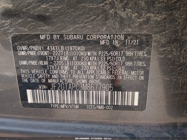 Продажа на аукционе авто 2021 Subaru Crosstrek Premium, vin: JF2GTAPC3M8677905, номер лота: 45606968