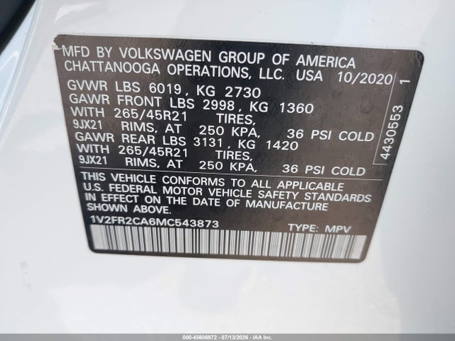 1V2FR2CA6MC543873 Volkswagen Atlas 3.6l V6 Sel Premium R-line