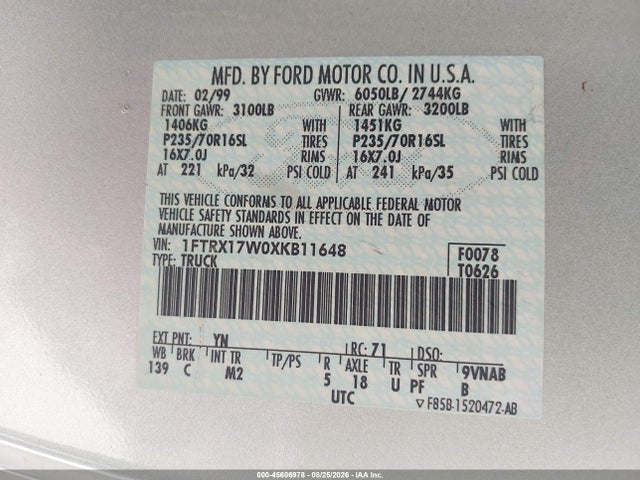 Продажа на аукционе авто 1999 Ford F-150 Lariat/work Series/xl/xlt, vin: 1FTRX17W0XKB11648, номер лота: 45606978