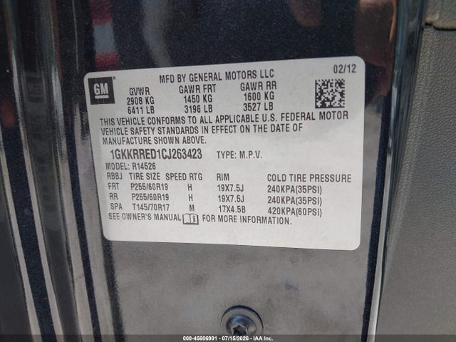 Aukcja sprzedaży 2012 Gmc Acadia Slt-1, vin: 1GKKRRED1CJ263423, numer aukcji: 45606991