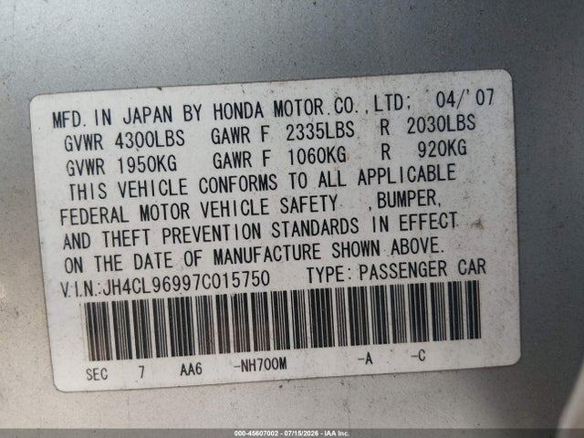 45607002 :رقم المزاد ، JH4CL96997C015750 vin ، 2007 Acura Tsx مزاد بيع