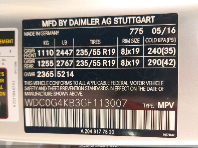 Aukcja sprzedaży 2016 Mercedes-benz Glc 300 4matic, vin: WDC0G4KB3GF113007, numer aukcji: 45607027