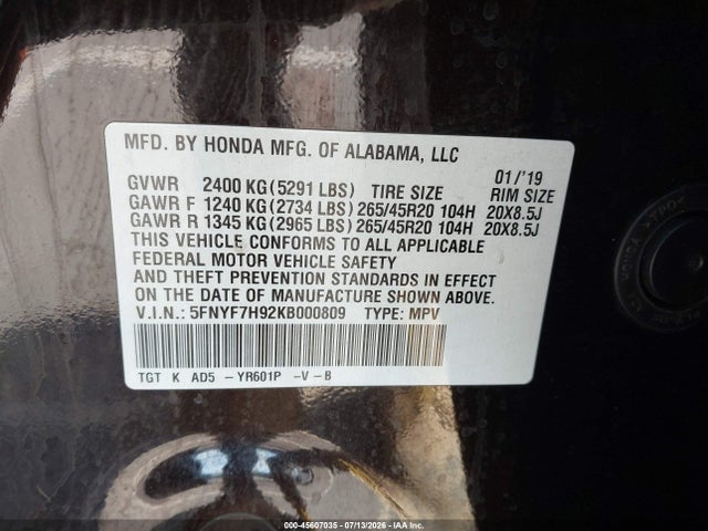 Honda Passport Touring 2019 5FNYF7H92KB000809 Image 9