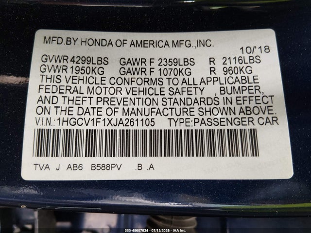 Auction sale of the 2018 Honda Accord Lx, vin: 1HGCV1F1XJA261105, lot number: 45607034