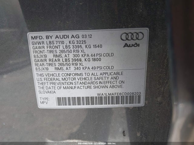 Aukcja sprzedaży 2012 Audi Q7 3.0 Tdi Premium, vin: WA1LMAFE6CD008203, numer aukcji: 45607039