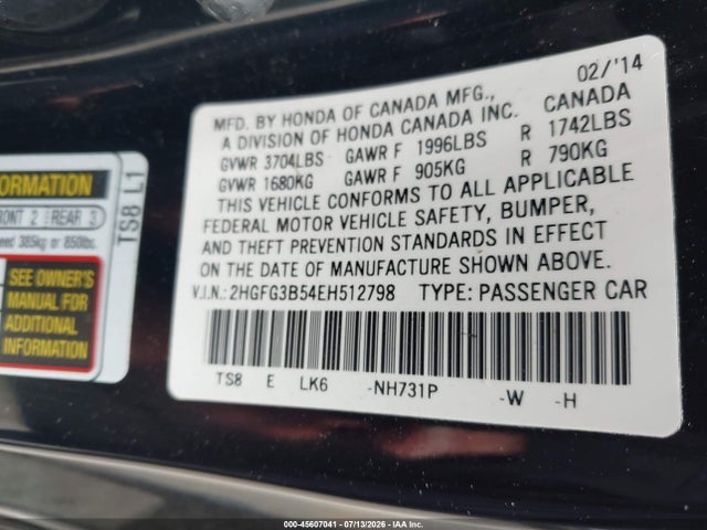 Honda Civic Lx 2014 2HGFG3B54EH512798 Image 9