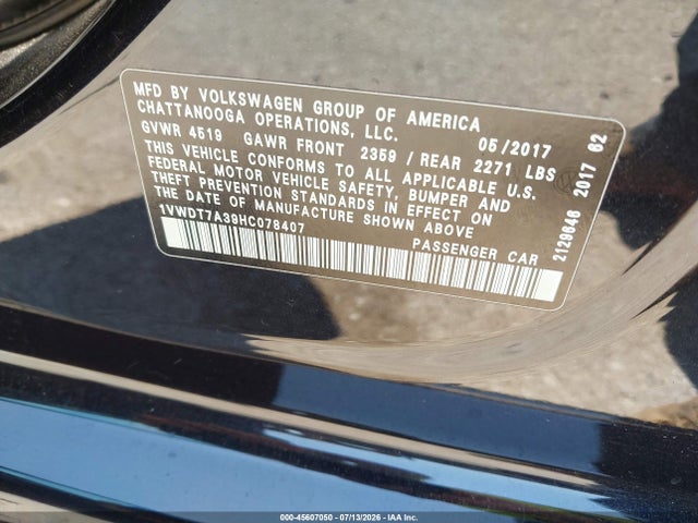 Aukcja sprzedaży 2017 Volkswagen Passat 1.8t R-line, vin: 1VWDT7A39HC078407, numer aukcji: 45607050