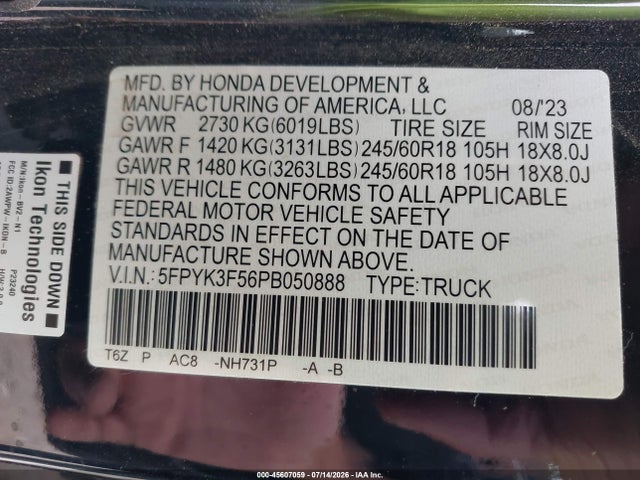 Honda Ridgeline Rtl 2023 5FPYK3F56PB050888 Image 9