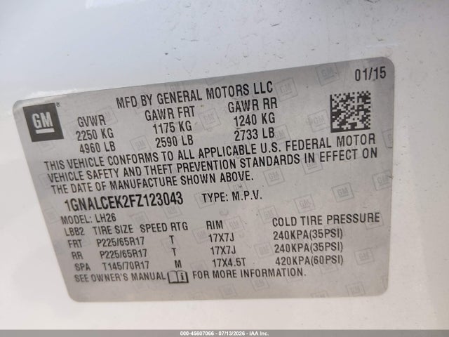 1GNALCEK2FZ123043 Chevrolet EQUINOX LT