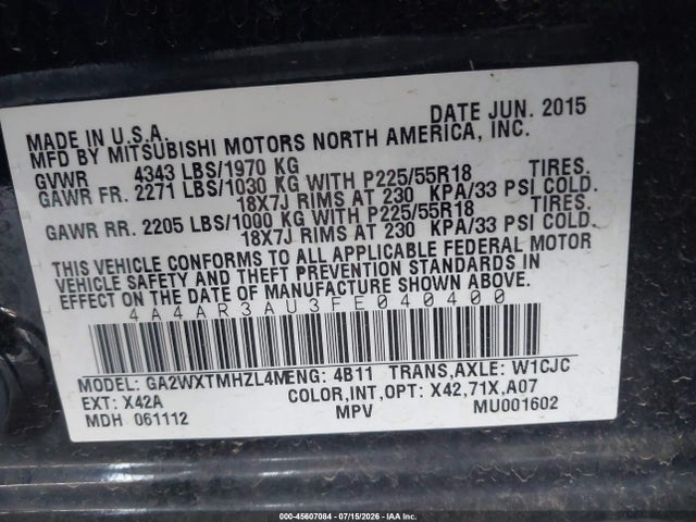4A4AR3AU3FE040400 Mitsubishi Outlander Sport Es