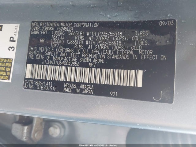 45607088 :رقم المزاد ، JTJHA31U640042856 vin ، 2004 Lexus Rx 330 مزاد بيع