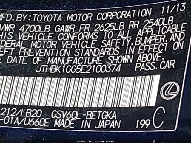 Aukcja sprzedaży 2014 Lexus Es 350, vin: JTHBK1GG5E2100374, numer aukcji: 45607102