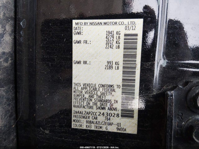 Aukcja sprzedaży 2012 Nissan Altima 2.5 S, vin: 1N4AL2AP2CC243028, numer aukcji: 45607119