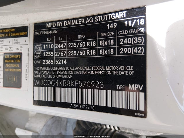 Продаж на аукціоні авто 2019 Mercedes-benz Glc 300 4matic, vin: WDC0G4KB8KF570923, номер лоту: 45607127