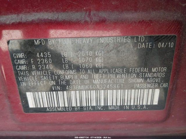 Продажа на аукционе авто 2010 Subaru Legacy 2.5i Limited, vin: 4S3BMBK60A3245861, номер лота: 45607134
