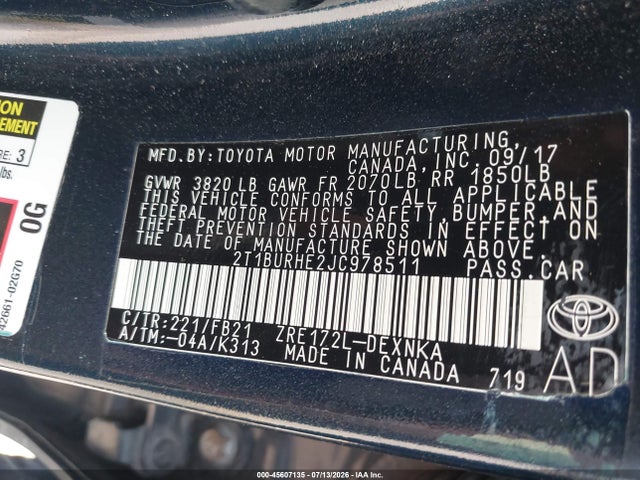 Toyota COROLLA LE 2018 2T1BURHE2JC978511 Image 9