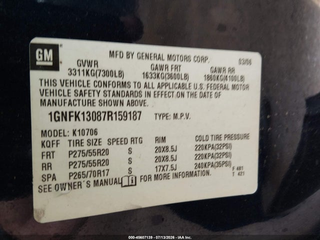 2007 Chevrolet Tahoe Ltz მანქანა იყიდება აუქციონზე, vin: 1GNFK13087R159187, აუქციონის ნომერი: 45607139