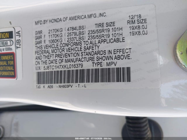 Продаж на аукціоні авто 2019 Acura Rdx Advance Package, vin: 5J8TC1H7XKL016379, номер лоту: 45607148