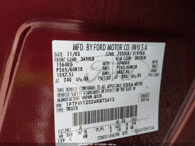 45607152 :رقم المزاد ، 1FTPW12524KB73413 vin ، 2004 Ford F-150 Lariat/xlt مزاد بيع