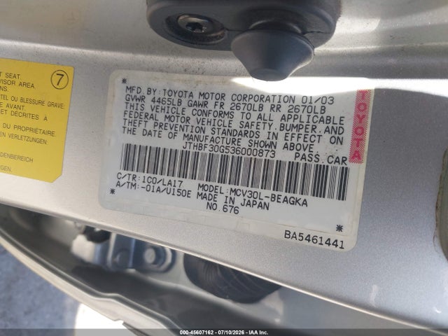 Aukcja sprzedaży 2003 Lexus Es 300, vin: JTHBF30G536000873, numer aukcji: 45607162