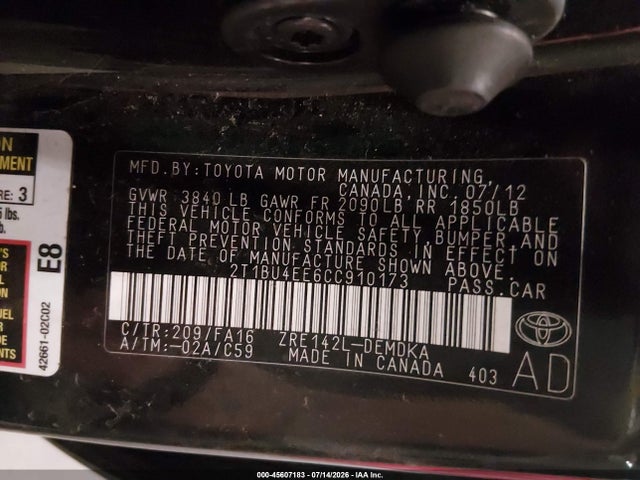 Aukcja sprzedaży 2012 Toyota Corolla L, vin: 2T1BU4EE6CC910173, numer aukcji: 45607183